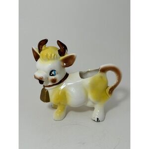 Vintage Ceramic Cow Creamer Yellow Brown Hand Painted Farmhouse Kitchen Decor